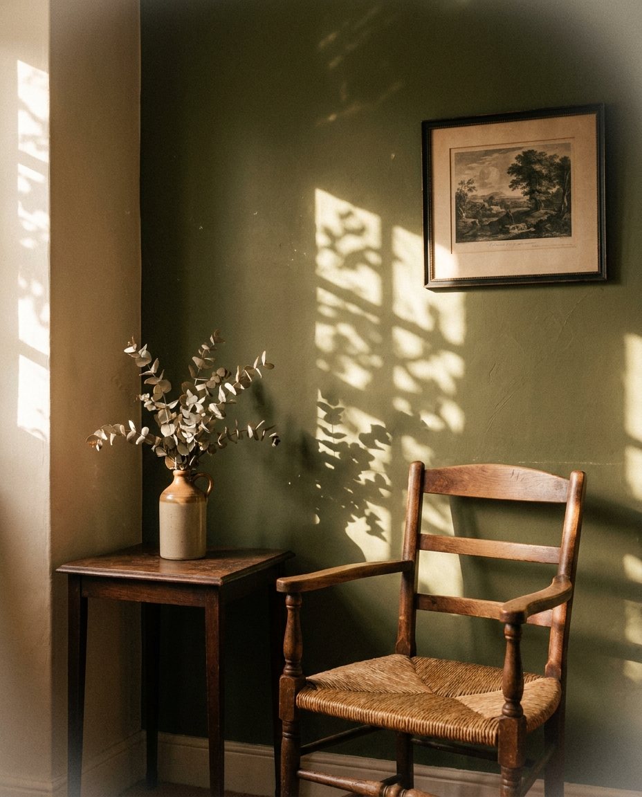 Rincón de la consulta: silla de madera, mesa con ramas secas y un grabado enmarcado sobre la pared verde