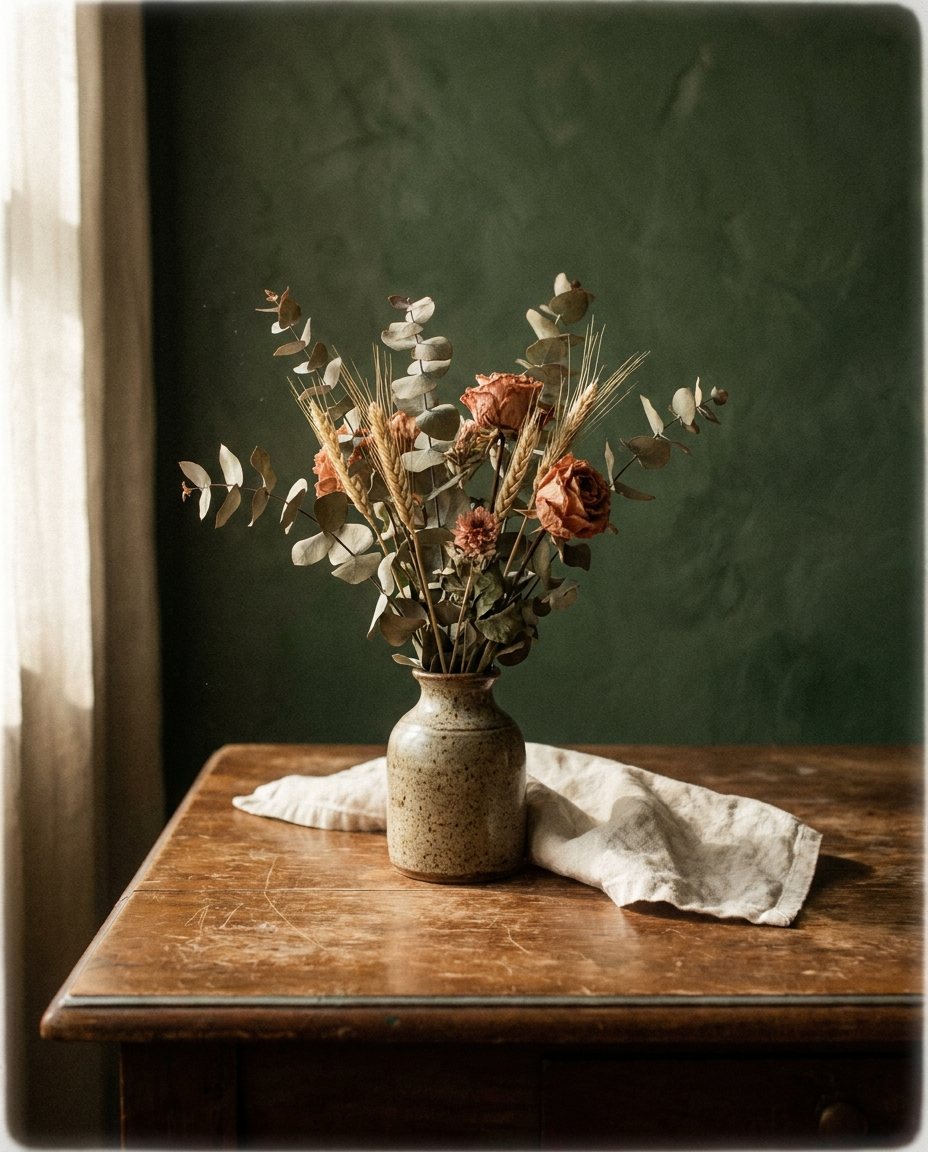 Jarrón con flores secas sobre una mesa de madera junto a una pared verde