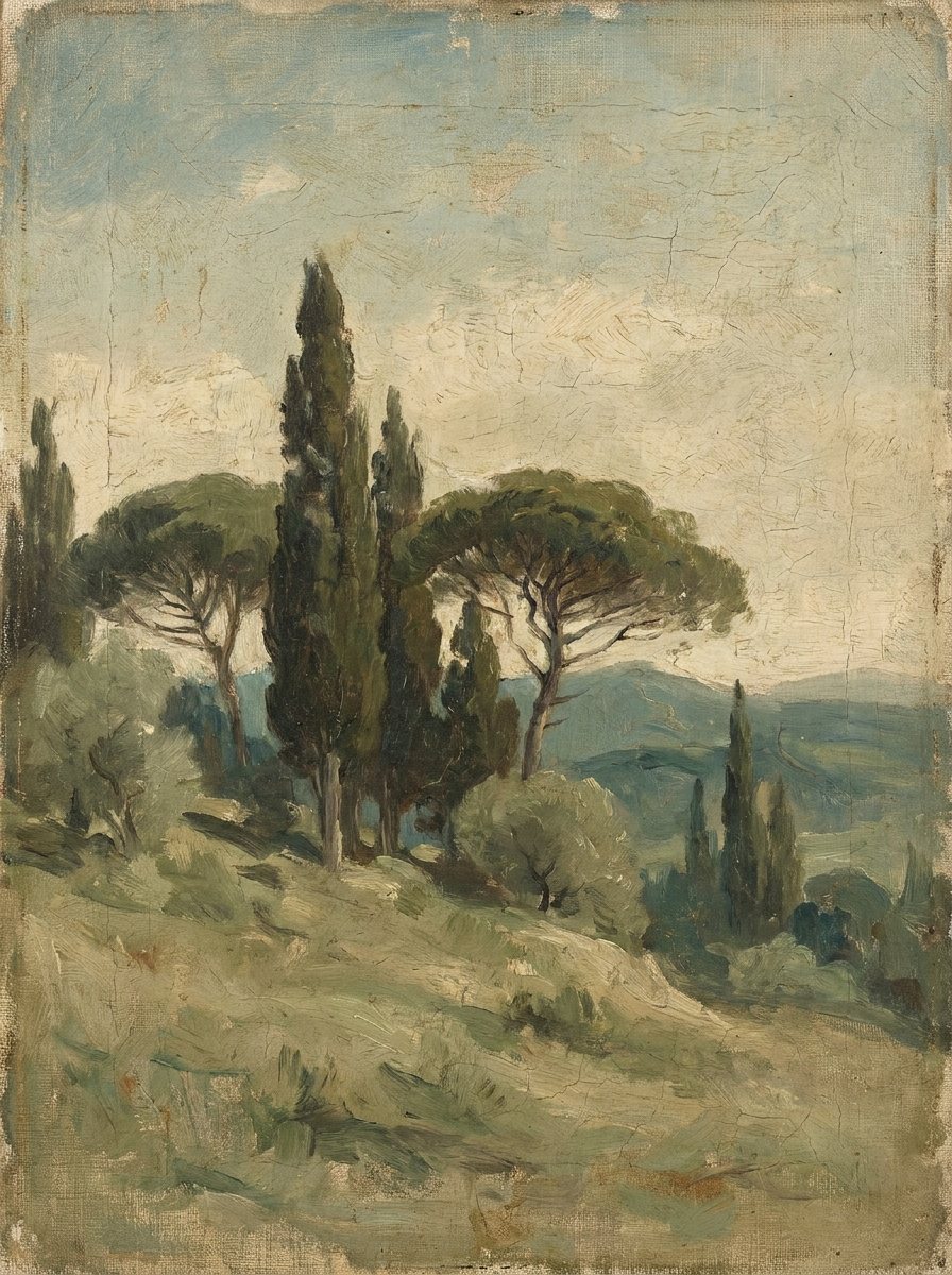 Pintura antigua de un paisaje con árboles y cerros
