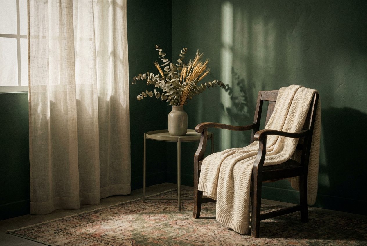 Sala de consulta: sillón de madera con manta tejida, mesa con flores secas, cortina de lino y alfombra